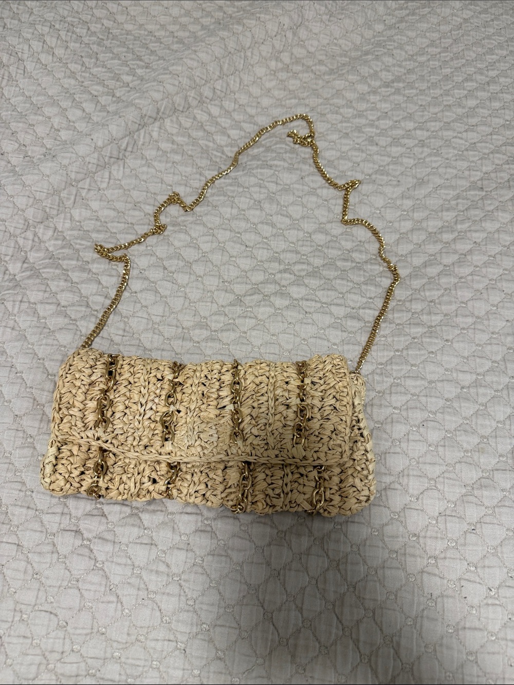 LOFT Natural Woven Raffia Crossbody with Gold Chain
